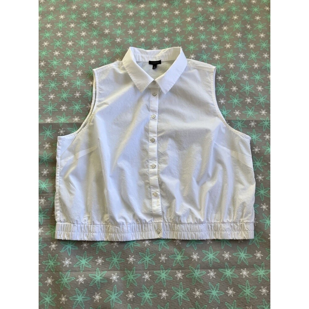 Talbots Cotton Sleeveless Button Up Blouse Bubble Hem Blouson XL Optic White EUC